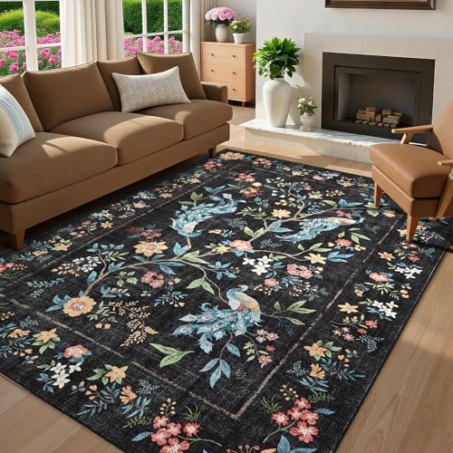 GarveeHome 4x6 Washable Area Rug for Living Room, Floral Peacock Soft Black Bedroom Rug Non Slip Low Pile Small Carpet Stain Resistant Throw Rug for Bedside Kids Room Office Dining Room