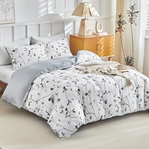 Image of Lekesky Reversible Duvet Cover Queen Size, White Grey Tree Branch Pattern Comforter Cover Queen 3pc Super Soft Microfiber Breathable Botanical Bedding Sets with Zipper Ties