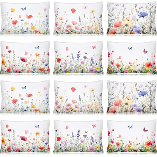 SilTriangle 12 Pcs Wildflower and Butterfly Makeup Bags Canvas Cosmetic Bags Bulk 9 x 6 Inches Pencil Pouch with Zipper Travel Toiletry Pouch for Women Summer Holiday Party Favor Gift