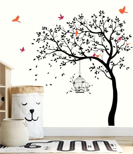 Image of Rawpockets Tree with Birds and Cage(PVC Vinyl) Self Adhesive WallSticker (Black)
