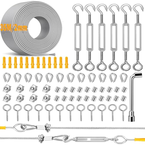 35M Drahtseil Rankhilfe Set 2mm Stahlseil Ummantelt Langlebiges Stahlseil-Set mit Seilspanner Drahtseilklemme Stahlseil ummantelt für Kletterpflanzen Gardinen Beleuchtung und String Light Hanging