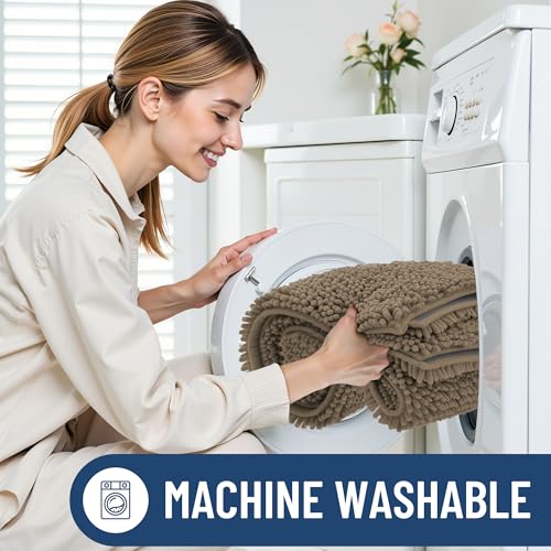 Image of Smiry Bathroom Rugs Sets 2 Piece, Soft Absorbent Chenille Machine Washable Non Slip Shaggy Bath Rug Set for Tub, Shower, and Floor (30x20+24x16, Camel)