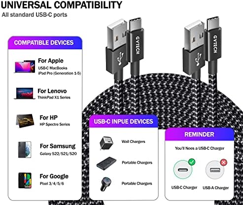 GVTECH USB C Cable, (2m 2-Pack) Type C Fast Charger Charging Cable Braided Compatible for Samsung Galaxy S22 S21 S20 S10 S9 S8 Plus Note 10 9 8, Huawei P10 P9, Google Pixel, Sony Xperia XZ