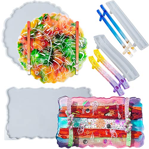 FUNSHOWCASE Epoxy Resin Tray Silicone Molds for Rectangle Agate Geode Platter, Round Marble Serving Board with Handles, Coaster, Extra Large 14x9inch 10x10inch 4-Bundle