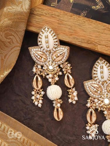 Image of SANJOYA Hand Embroidered Gold-Toned Cowrie Shell & Pearl Statement Jewellery Earrings for Women & Girls| Kundan Floral Ethnic Danglers | Lightweight Jewelry for Haldi, Mehndi, Sangeet & Wedding