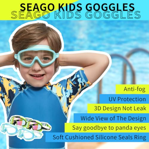 Image of Seago Swim Goggles for Kids 3-14 Anti-Fog & UV Wide Clear View Boys Girls