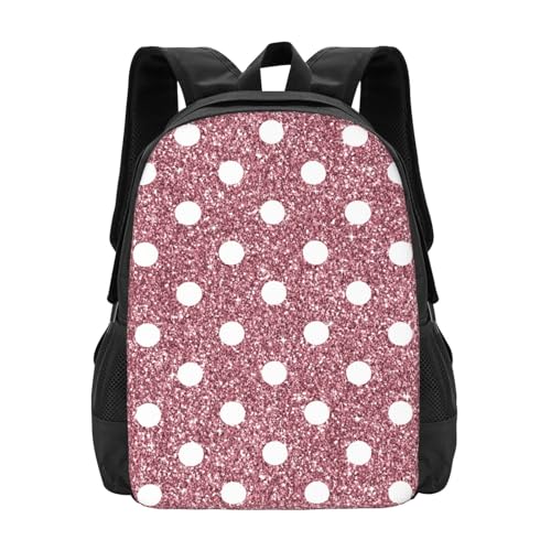 Glitter Pink White Polka Dot Backbags Large Adjustable Backpack Lightweight Daypack for Men Women 16.5 Inches