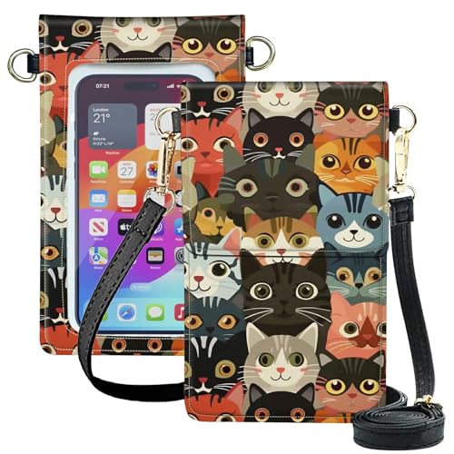 Small Crossbody Bag Cell Phone Purse for Women Men, Cats Touch Screen Phone Bag PU Leather Mini Adjustable Strap Bag Double Pockets Wallet Case for All Smartphones