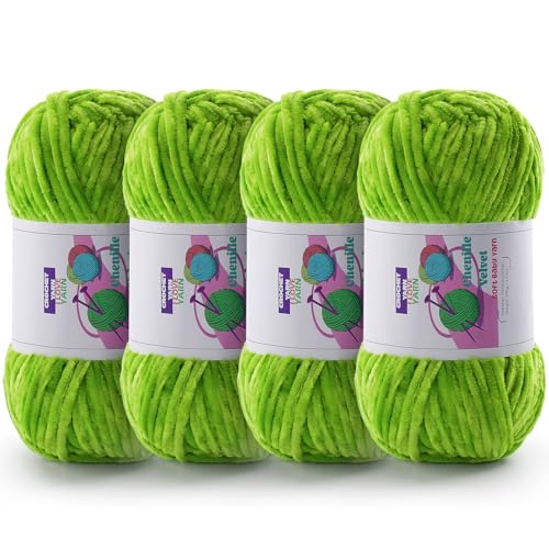 Image of Chenille Velvet Yarn for Crocheting, Green Fuzzy Fluffy Yarn for Crochet | 4 Pack 14 Oz, 524.8 Yds Bulky Thick Chunky Yarn for Crocheting, Soft Amigurumi Yarn for knitting Baby Blankets, Scarves, Hats