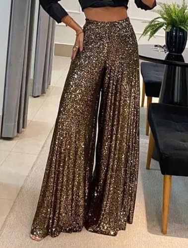GGUHHU Womens Shiny Sequin Wide Leg Pants High Waist Pleated Long Palazzo Trousers2