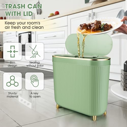 Image of VZZNN 2 Pack Bathroom Trash Can with Lid,3.2 Gallon Slim Garbage Can with Pop-Up Lid Small Waste Basket for Bedroom,Living Room,Office,Dog Proof,Green