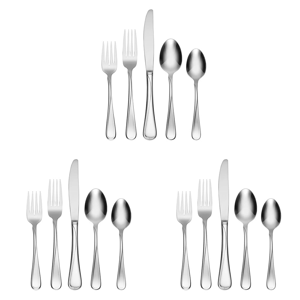Oneida Silverware Set For 8, Flight 45-Piece Everyday Flatware Set with Serving Utensils, Service For 8, 18/0 Stainless Steel, Dishwasher Safe, Knives Spoons and Forks Set, Dining (Silver, 45 pieces)