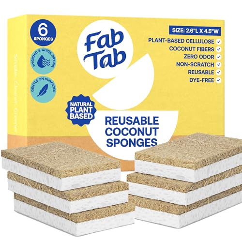 Image of FABTAB Cocofiber Kitchen Sponges - Pack of 6 Biodegradable Compostable Cellulose and Coconut Scrubber Sponges - Eco-Friendly Dish Cleaning Sponges