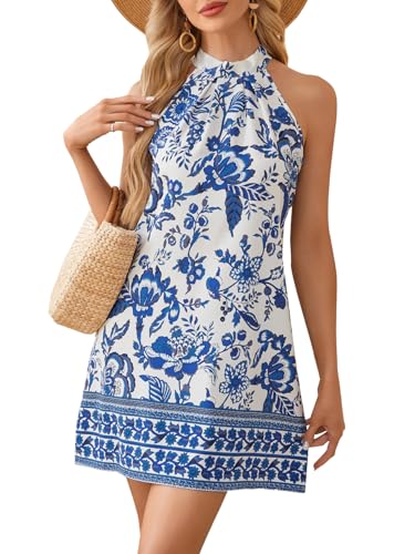 Floerns Women's Sleeveless Floral Print Sundress Halter Neck A Line Short Dress Blue White Ivory Small