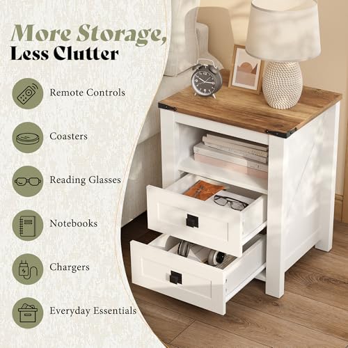 Image of AMERLIFE Farmhouse Nightstand Set of 2, Wooden Side Table with Drawers & Open Shelf, Narrow /Small Bedside End Table, Wood Night Stand for Bedroom /Dorm /Home Office, Rustic White + Barnwood