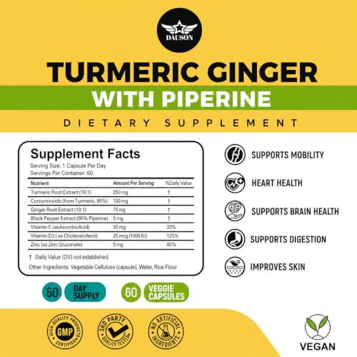 Image of Turmeric Curcumin Supplement - 95% Curcuminoids with Ginger, 95% Piperine, Vitamin C, D3 & Zinc - Natural Vegan Herbal Supplement for Gut, Immunity - 60 Capsules