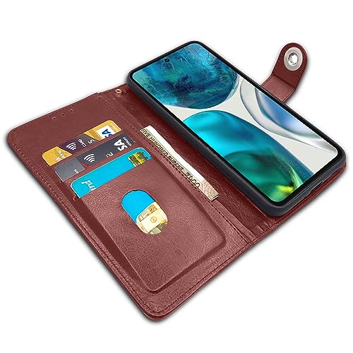 Image of Pikkme Moto G52 / G82 5G Flip Cover Leather Finish | Inside TPU with Card Pockets | Wallet Stand and Shock Proof | Complete Protection Button Flip Case (Brown)