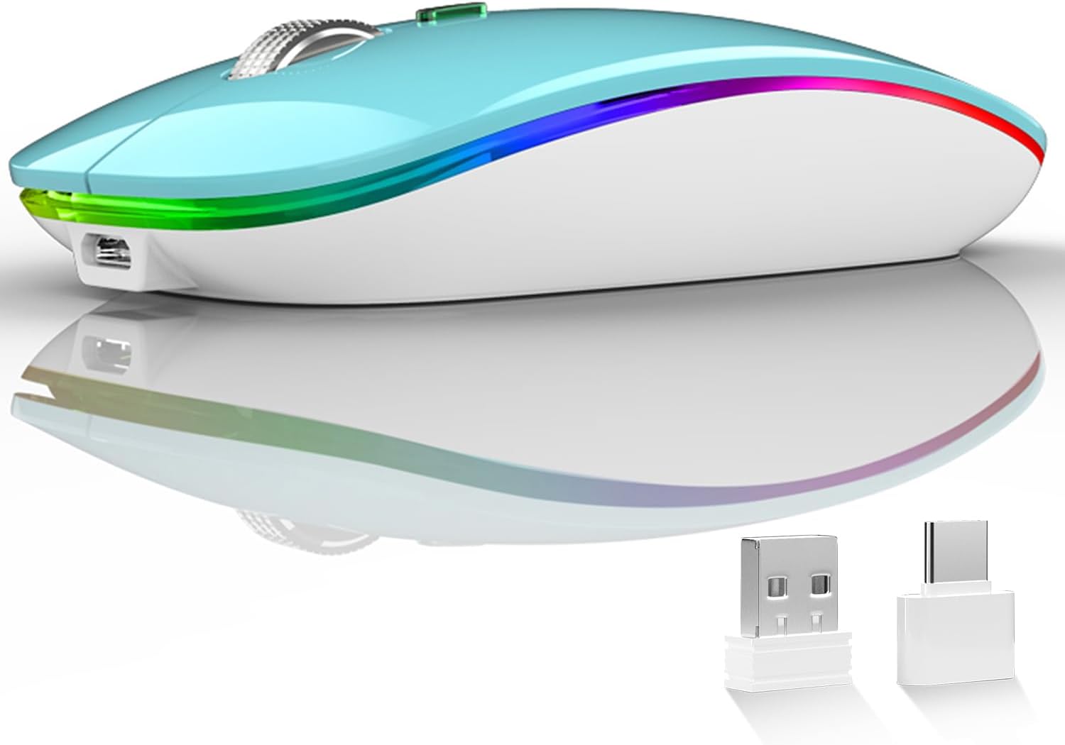 Uiosmuph G12 LED Wireless Mouse, 2.4G Portable USB Optical Computer Mouse with USB Receiver and Type C Adapter (Blue)