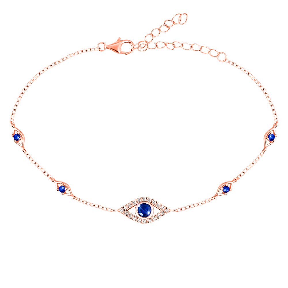 JewlikeeBlue Evil Eyes Link Bracelet, Evil Eye Earrings, S925 Sterling Silver Dainty Cubic Zirconia Adjustable Link Lobster Claw Clasp Chain Jewelry Gift for Women Girls