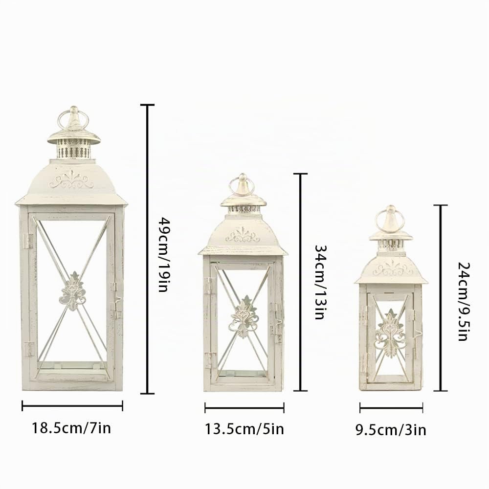 TRIROCKS Set di 3 Lanterne Decorative per Candele 49/34/24 cm Alte, Porta Candele in Metallo con Vetro Temperato per Soggiorno, Giardino, Patio, Eventi (Bianche)