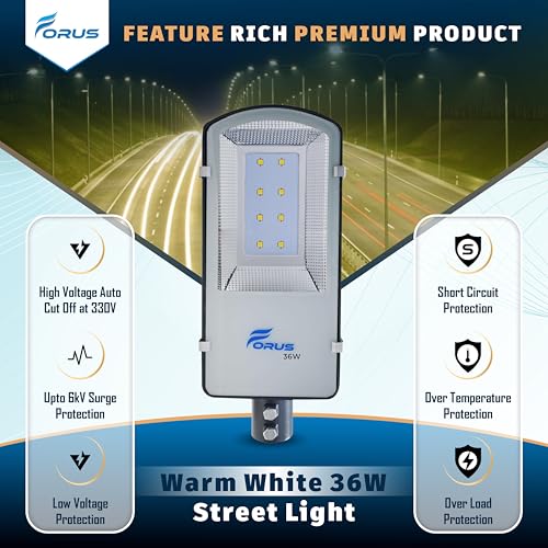 Image of Forus LED Street Light 36W (with Clamp) - Waterproof Outdoor Street Lamp, Warm White, 5-Year Warranty, Energy-Saving 36 Watt LED for Home, Garden, Road & Street Lighting (1 Pc)