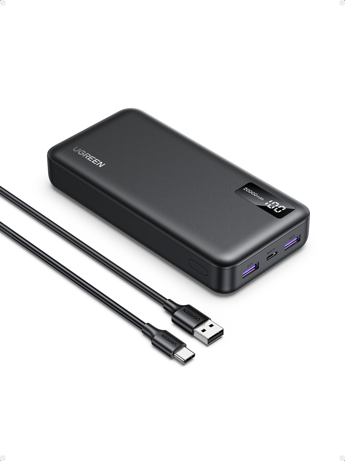 UGREEN Carregador Portátil de 20000mAh Carga Rápida Máx 22,5W, 2 USB A e 1 C Power Bank PD3.0 e Tela Digital, Bateria Externa Compatível com iPhone 17/16/15, iPad, Airpods, Galaxy S24, Pixel