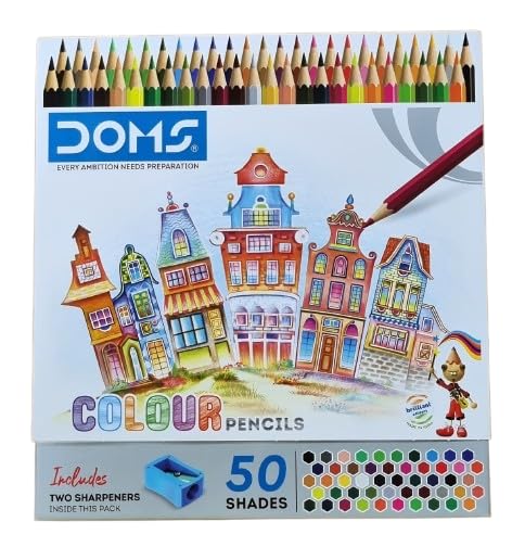 Image of Doms Colour Pencils, Pack of 50 Shades | 2 Pencil Sharpeners Free, Pre-Sharpened, Hexagonal Body Shape, Bright Colours, Accurate Bonding Process