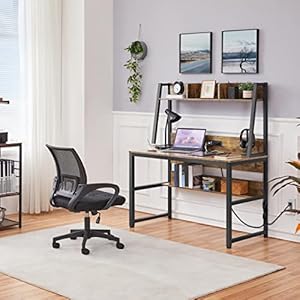 Yaheetech Home Office Desk with Power Outlet & Office Chair Set, Includes 47 Inch Computer Desk with 2 USB Port Charging Station and Ergonomic 360° Rolling Mesh Office Chair Set Mid-Back, Rustic Brown
