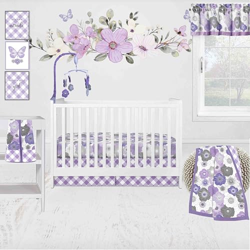 Watercolor Flowers Purple/Gray Girls Crib Bedding Set 10 pc Crib Bedding Set with 2 Crib Fitted Sheets
