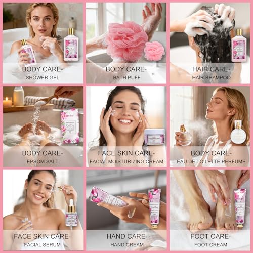 Image of 27 Pcs Spa Day Gifts Basket for Women, Camellia & magnolia Bath and Body Gift, Facial Skin Care Set, Self Care Pampering Kit, Face Serum, Lip Care, Home Spa, Birthday, Mother Day, Bridal Shower