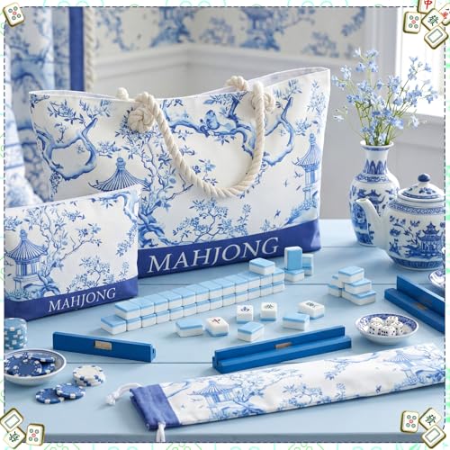 Set bolsa mahjong vacío 3 pzas azul Chinoiserie miniatura 3