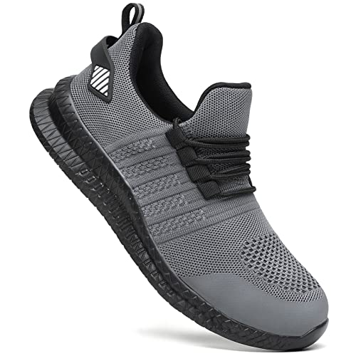 Steel Toe Shoes for Men and Women Comfortable Lightweight Work Safety Shoes Puncture Proof Slip Resistant Indestructible Sneakers Construction Work Utility Grey White M5
