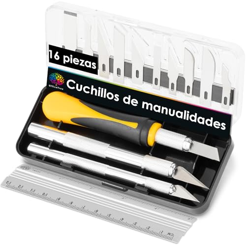 OfficeTree Cutter Manualidades Set - 16 Piezas - Bisturi Manualidades Profesional por 3 Cutter Precision Diferentes y 13 Cuchilla - Escalpelo - Cuter de Precision