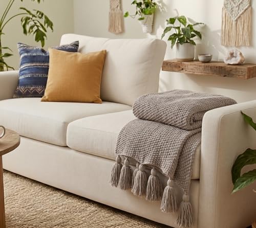 Image of Furnistitchs Plain Solid Knitted Sofa Throw Blanket 50x60 inches / 125x150 cms| Cotton Plain Knit with Tassels | Aesthetic Bohemian Decorative Couch Throws for Living Room & Bedroom (Beige)
