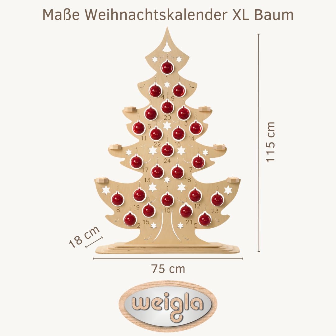 WEIGLA - Weihnachtskalender XL Baum Teelichthalter original Erzgebirge I für 6 Teelicht I Weihnachtsdeko I Teelichthalter aus Holz I Deko innen