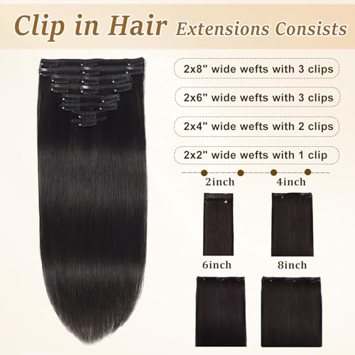 Image of Clip in Hair Extensions Real Human Hair, Human Hair Extensions Clip ins | Tangle Free, No Shedding, Human Hair Clip in Extensions, Seamless Invisible, Volume, Double Weft, 8PCS, 100g, Straight