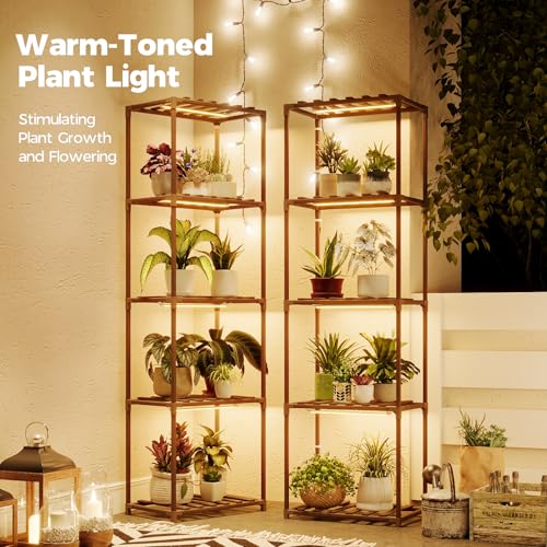 Image of Bamworld Plant Stands with Grow Lights Sets of 2 Tall Plant Shelves for Mutiple Pots Large Plant Holder for Living Room Patio Boho Home Decor for Gardening Warm Light 2pcs