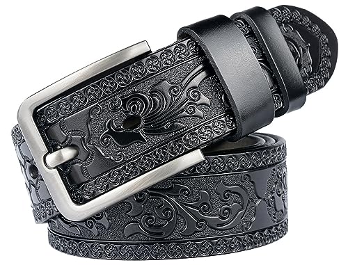 INOGIH Mens Western Floral Engraved Embossed Tooled Genuine Leather Belt - Square Buckle Casual Belt For Daily Decoration