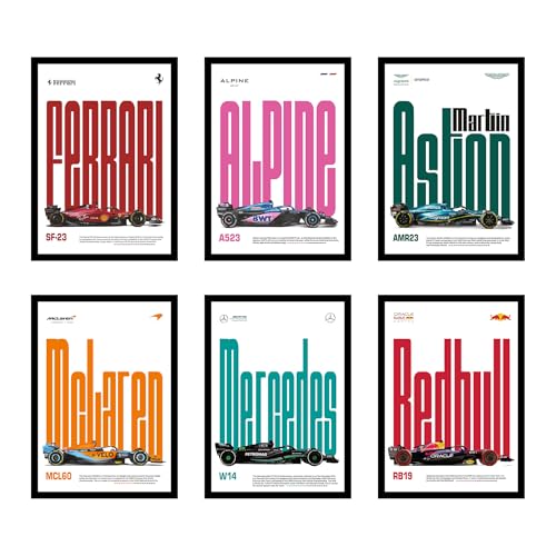 Image of CodersParadise - F1 Cars Wall Poster Frames - Pack Of 6 | 8 x 12cm (A4 Size) | Aesthetic Artwork Framed Posters | Framed Posters For Living Room, Bedroom, Home And Office