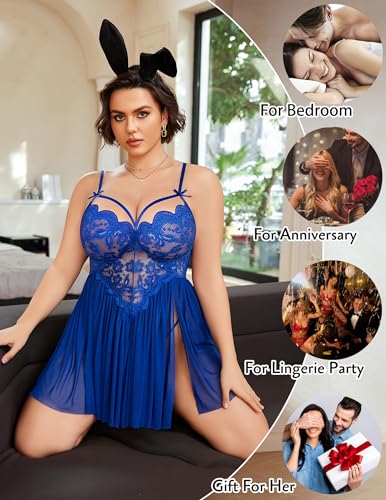 Image of Avidlove Plus Size Lingerie Lace Babydoll Womens Strap Chemise Nightgown V Neck Nighty Mesh Sleepwear Side Slit Nightdress