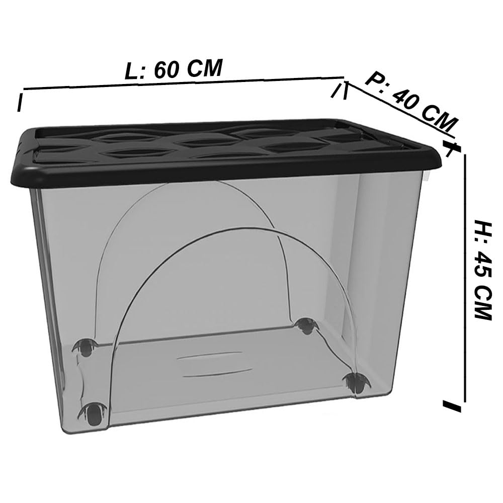 Scatola Contenitore con Coperchio e 4 Ruote Grande Box Portaoggetti 80LT STORAGE Salvaspazio Sovrapponibile 60x40x45 Organizer Multiuso organizzazione Casa Bagno Ufficio (NERO)