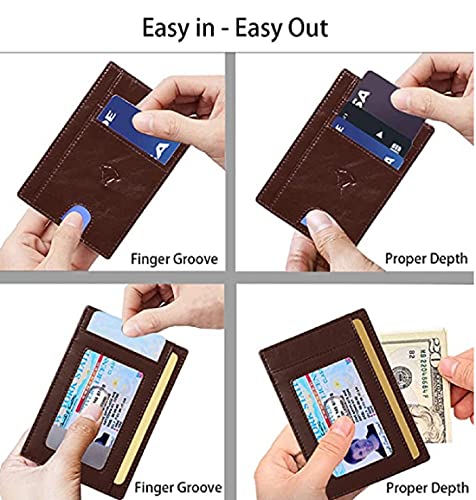 Image of Contacts Genuine Leather Slim Wallet | RFID Blocking Skinny Minimal Thin Front Pocket Wallet Sleeve Card Holder for Men | Up to 7 Card Slots Including 1 ID Window (Brown)
