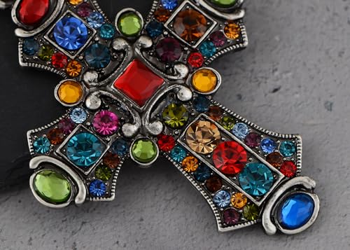 Image of Alilang Ornate Antique Golden Tone Colorful Rhinestone Cross Pendant Necklace