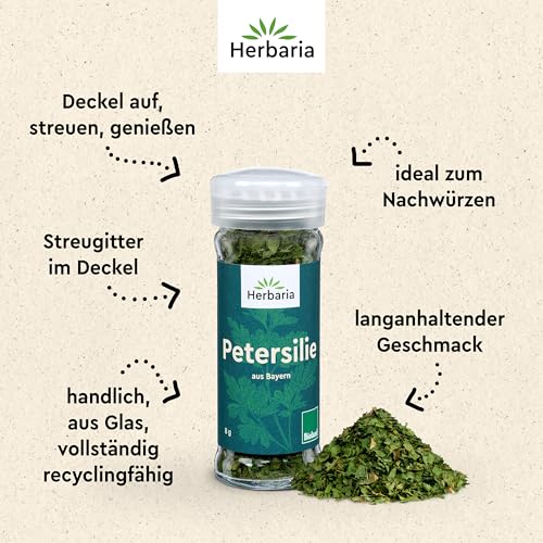 Herbaria Petersilie BIO | Getrocknet in BIOLAND Qualität | Fein-würziges Gewürz für Suppen, Soßen & Gemüsegerichte | Küchenkräuter Frisches-aromatisch | Premium Bio-Gewürz im 8g Gewürzstreuer