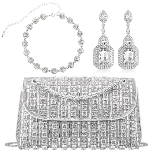 Image of Landical 3 Pcs Rhinestone Clutch and Jewelry Set for Women, Crystal Diamond Earring & Necklace, Evening Wedding Formal