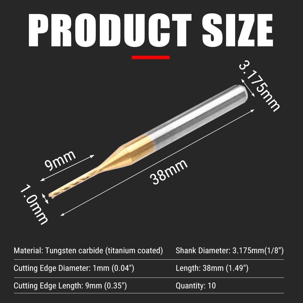 10Pcs Fraise Carbure 1mm, Recouverte de Titane, Fraise Droite CNC, pour le Fraisage des Trous, des Fentes et des Bords sur les Plaques