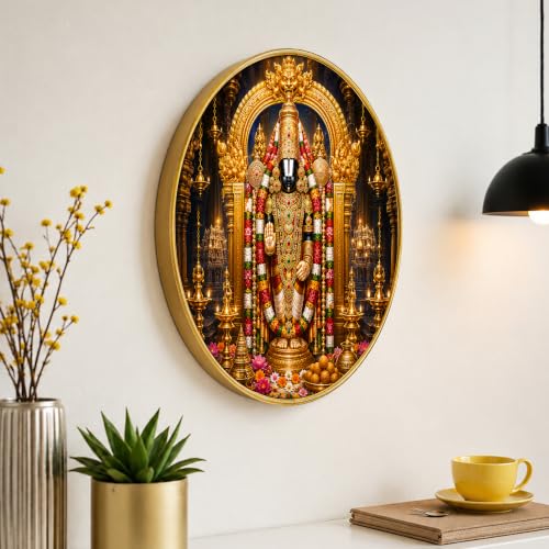 Image of PAINTINGMANTRA Lord Venkateswara Tirupati Balaji Framed Wall Art Painting For Living Room |Spiritual Tirumala Balaji Religious Poster with Round frame for Wall, Decoration item for Home, 12 Inch