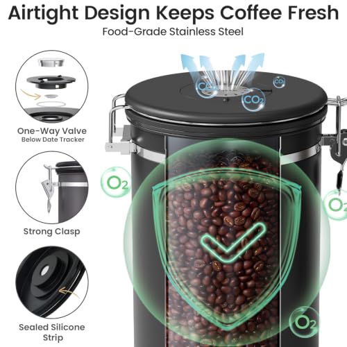 Image of Veken Coffee Canister with Window, 39OZ Large Airtight Stainless Steel Jars | Kitchen Food Storage Pantry Container for 2.2lbs Beans,Ground,Espresso,Rice,Tea,Sugar,Bar Accessories,Gifts,Lids, Scoop,Black