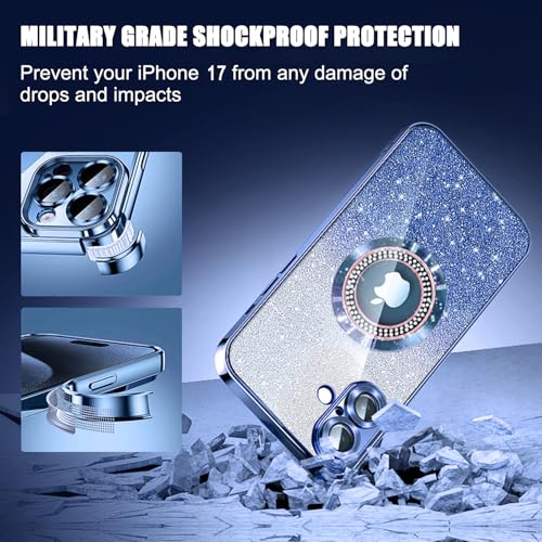 Image of Misscase for iPhone 17 Magnetic Glitter Case Compatible with MagSafe,Full Protection Slim Shockproof Anti-Scratch Case with Camera Lens Protector Plating Bling Dust-Proof Net for Women Blue