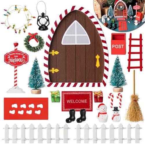 Haooryx Christmas Magic Wooden Miniature Fairy Doors Accessories - 22Pcs Christmas Elf Magic Door for Wall Fairies Magical Door Decoration Christmas Party Outdoor Xmas Decor (Red & White Border)